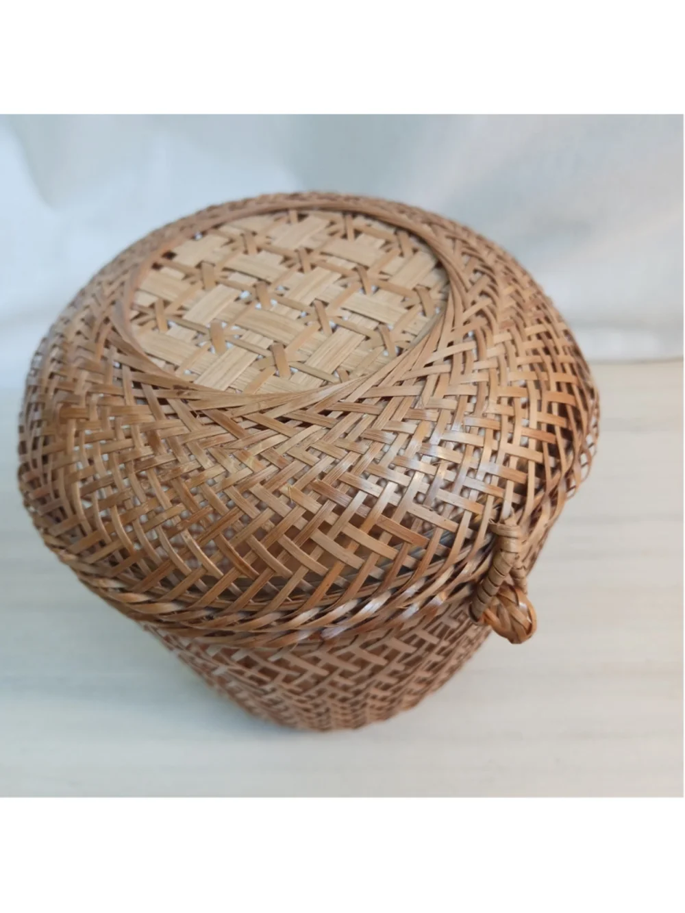 Vintage Hand Woven Bamboo Small Basket Hinged Lid Delicate Rattan